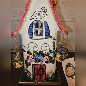 Vintage 2000 Heather Goldminc Tealight Spring Bird Cottage Hanging Plant W/plate